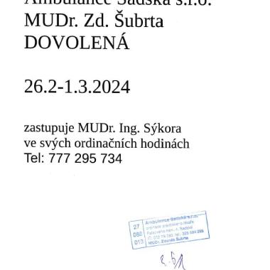 Ambulance Sadská s.r.o. - MUDr. Šubrta oznamuje dovolenou ve dnech 26. 2. - 1. 3. 2024.